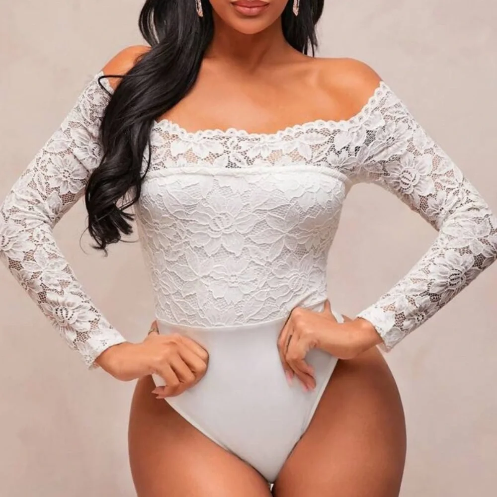 Elegant White Lace Off-Shoulder Bodysuit - Picture 1 of 7